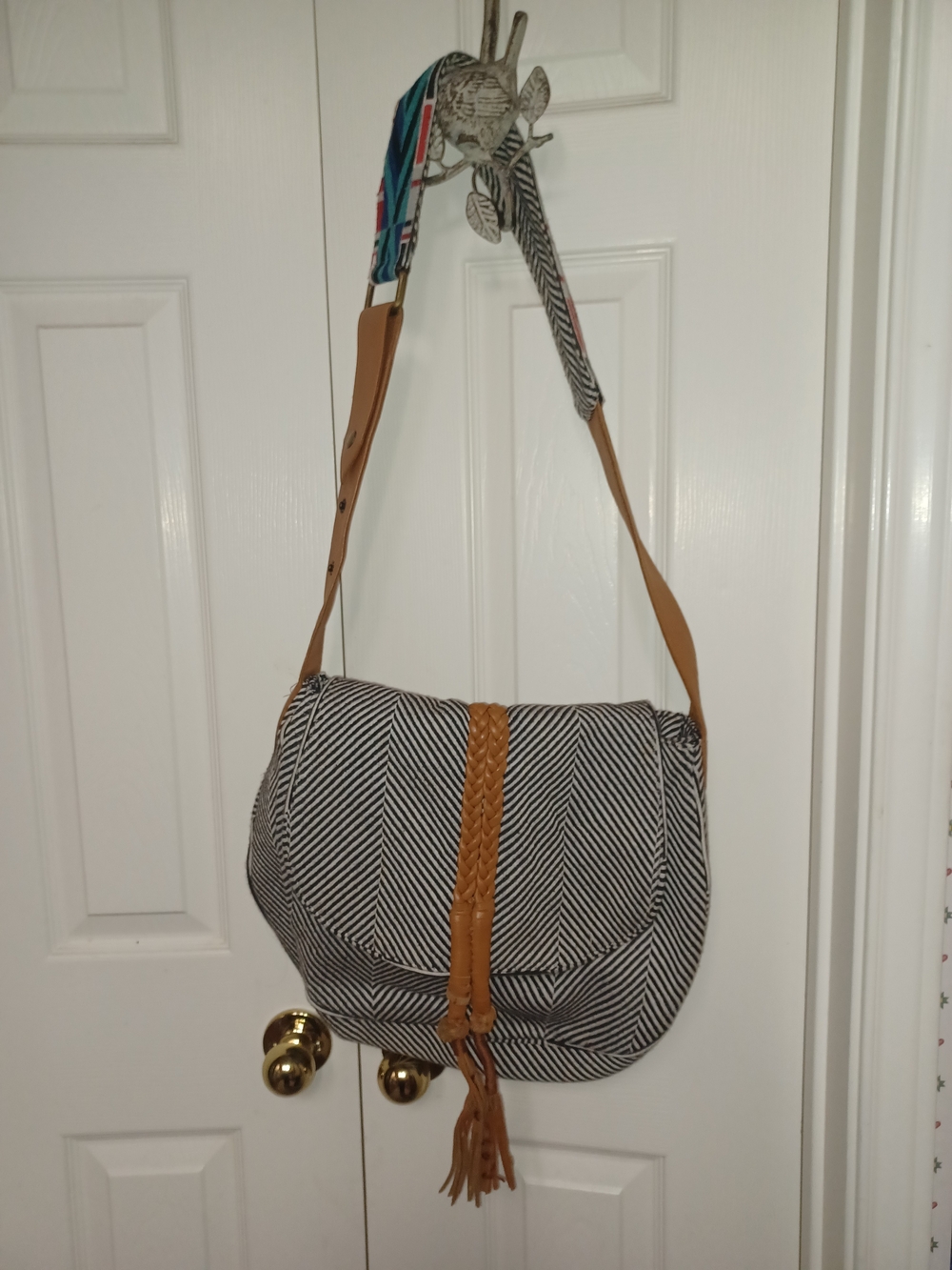 Noondqy Collection Striped Crossbody Shoulder Bag with Tan Braided Trim